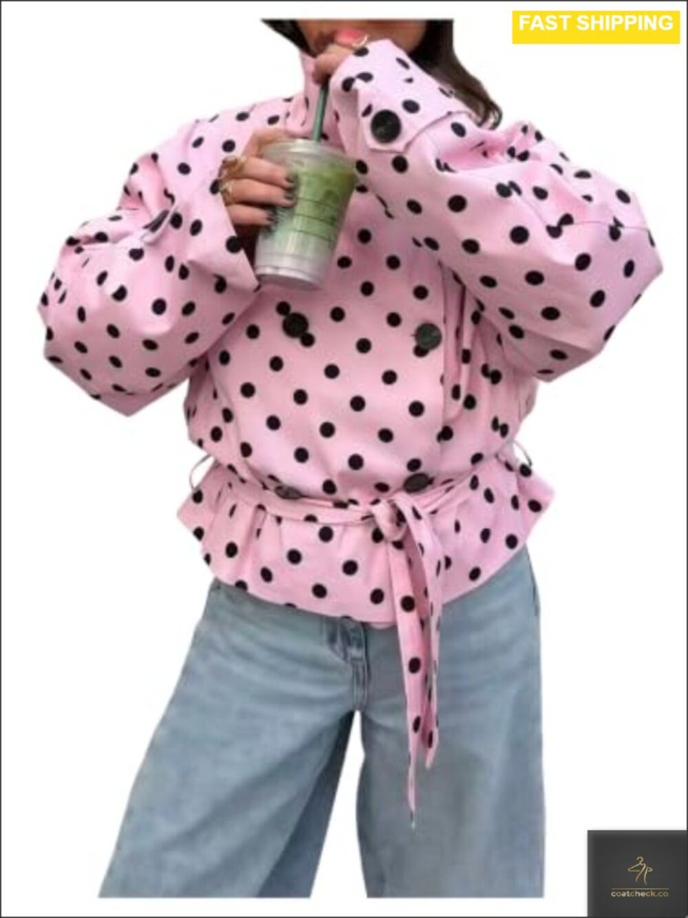 Women's Polka Dots Pea Coat Long Sleeve High Neck Button Up Belted Jacket
